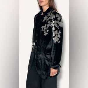 DANA BUCHMAN Black Champagne Floral Silk Velvet Long Mandarin Jacket, size 4
